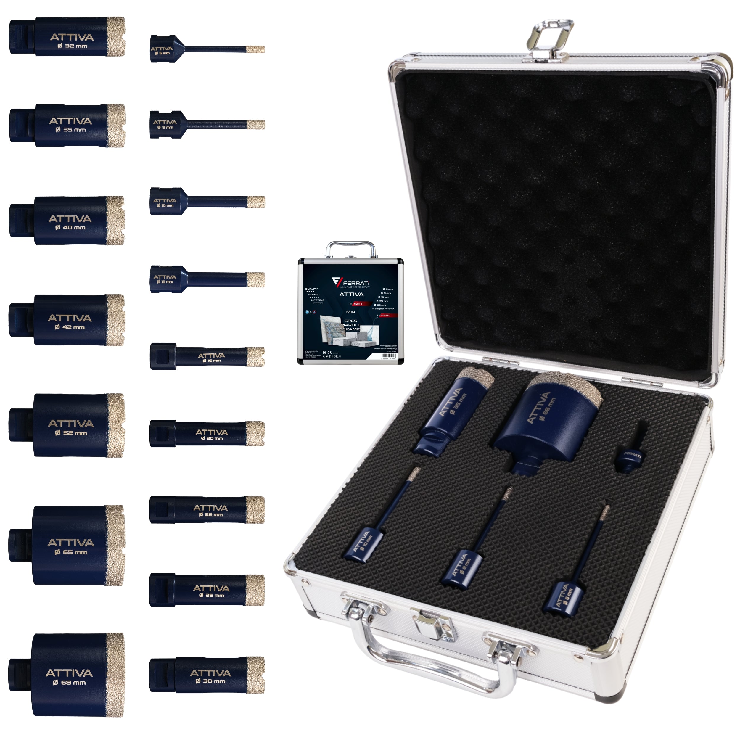 FERRATI Attiva Diamant Fliesenbohrer M14 Segmenthöhe 15mm | Pro Diamantbohrer Lochsäge für Fliesen Keramik Marmor Travertin Naturstein | nasse & trockene andwendung