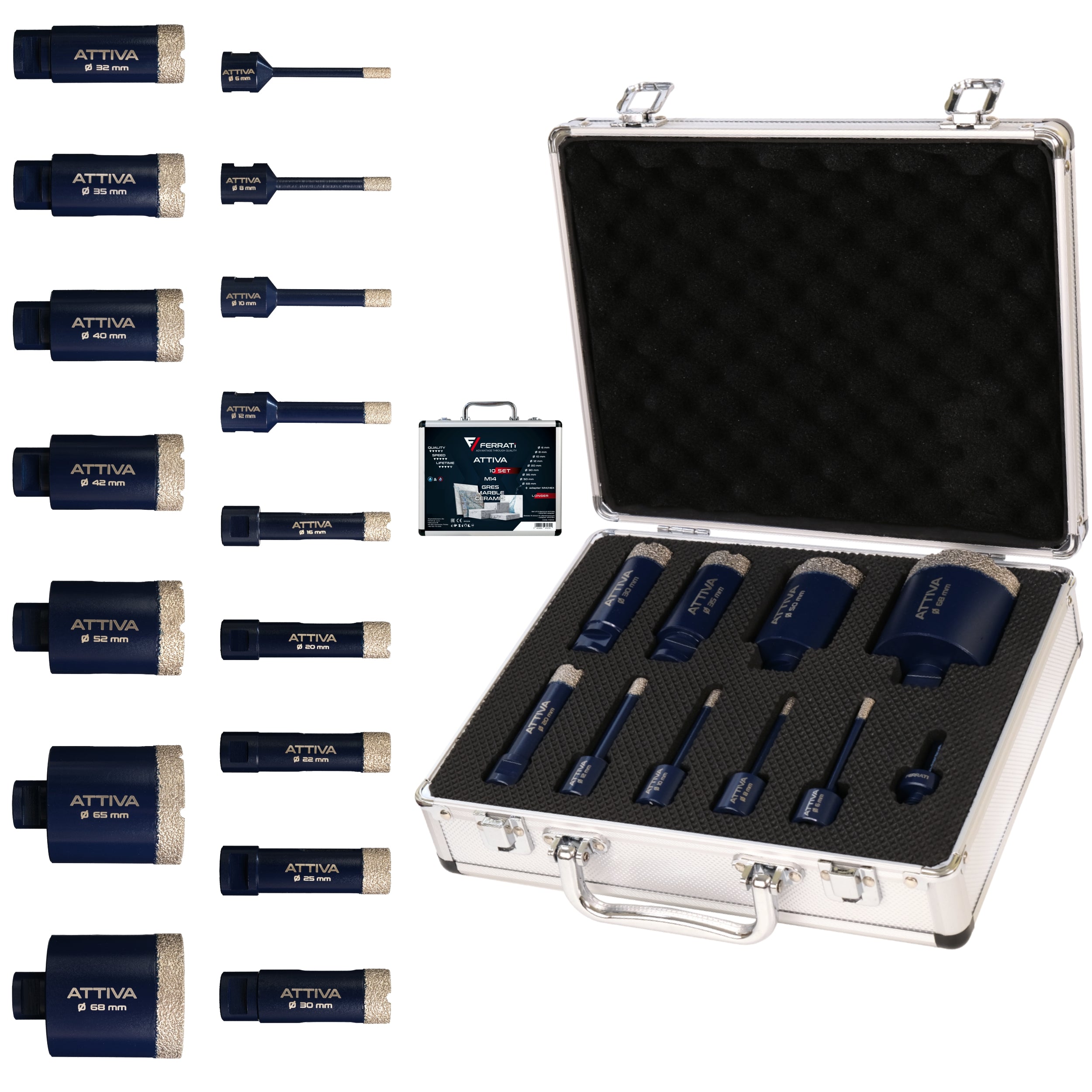 FERRATI Attiva Diamant Fliesenbohrer M14 Segmenthöhe 15mm | Pro Diamantbohrer Lochsäge für Fliesen Keramik Marmor Travertin Naturstein | nasse & trockene andwendung