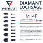 FERRATI Attiva Diamant Fliesenbohrer M14 Segmenthöhe 15mm | Pro Diamantbohrer Lochsäge für Fliesen Keramik Marmor Travertin Naturstein | nasse & trockene andwendung