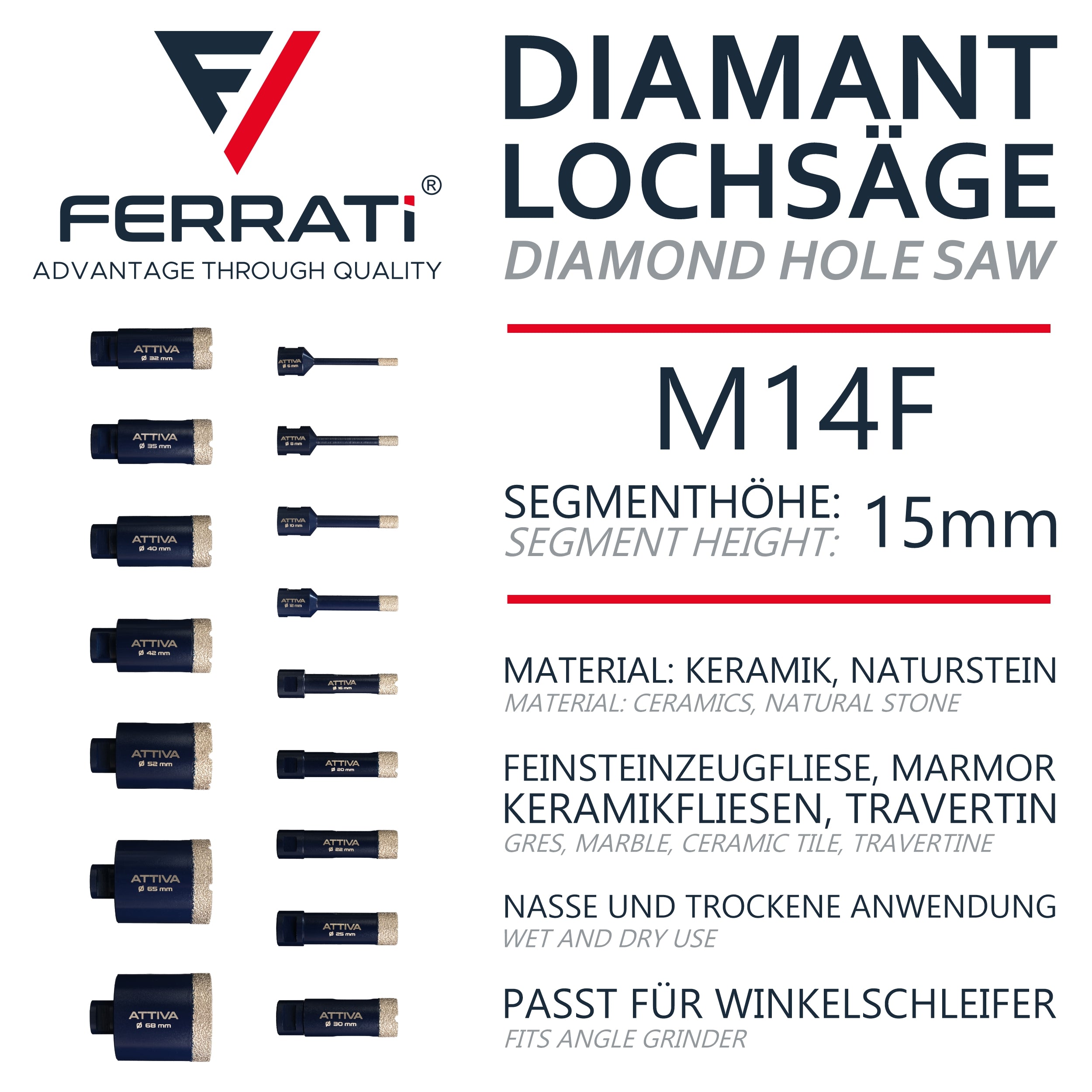 FERRATI Attiva Diamant Fliesenbohrer M14 Segmenthöhe 15mm | Pro Diamantbohrer Lochsäge für Fliesen Keramik Marmor Travertin Naturstein | nasse & trockene andwendung