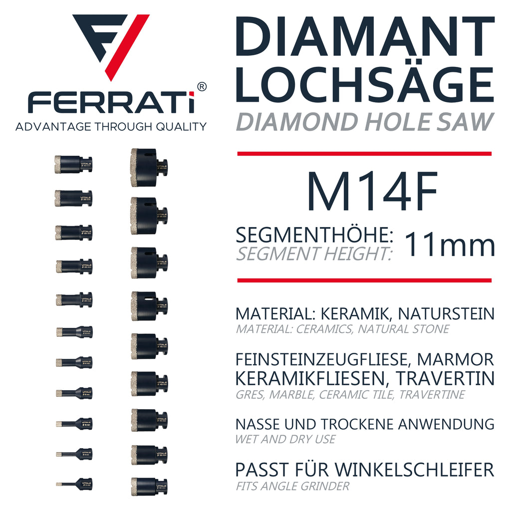 FERRATI Vitale Diamant Fliesenbohrer M14 Segmenthöhe 11mm | Pro Diamantbohrer Lochsäge für Fliesen Keramik Marmor Travertin Naturstein | nasse & trockene andwendung