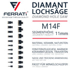 FERRATI Vitale Diamant Fliesenbohrer M14 Segmenthöhe 11mm | Pro Diamantbohrer Lochsäge für Fliesen Keramik Marmor Travertin Naturstein | nasse & trockene andwendung