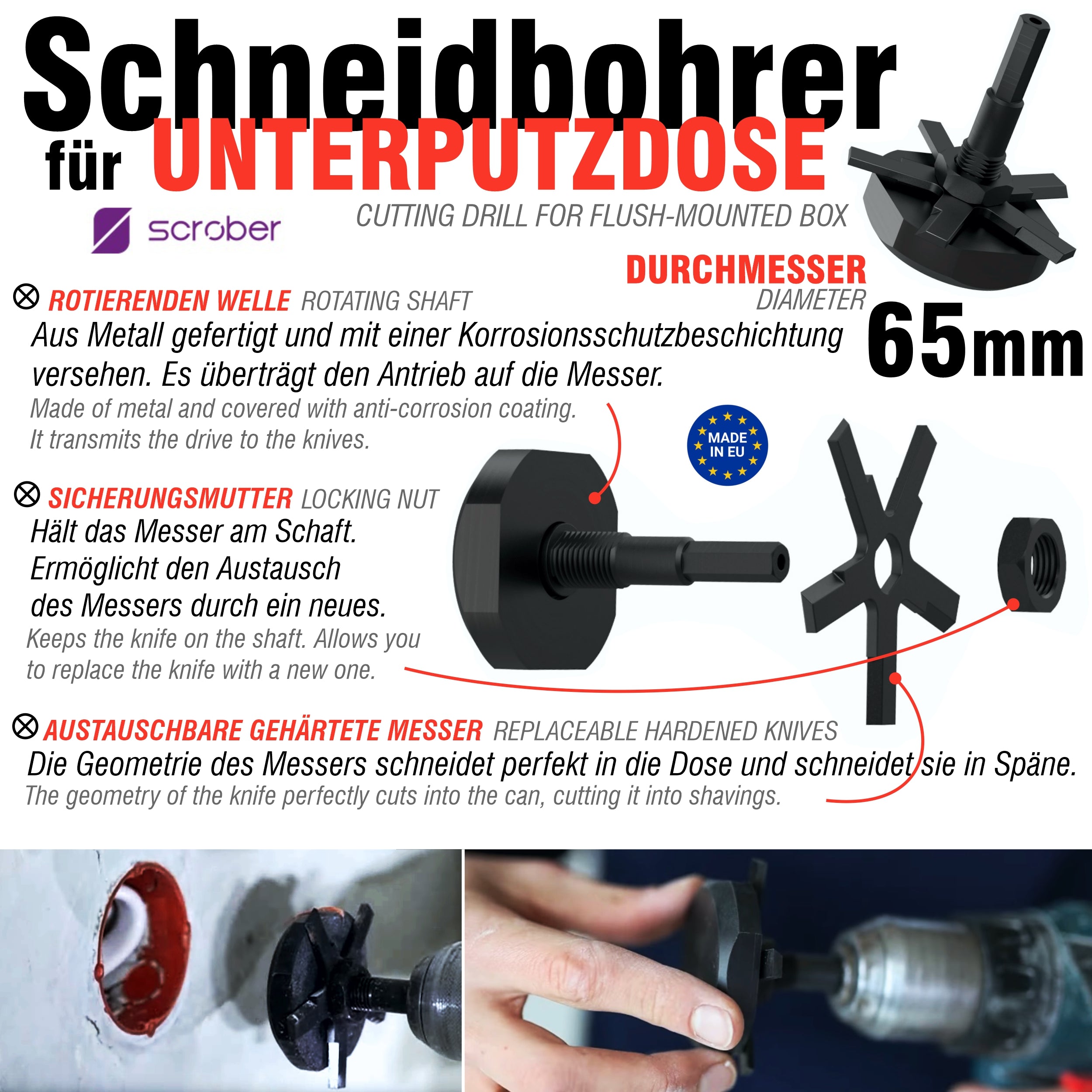 SCROBER 1 x Messer für Universal Schneidbohrer für Unterputzdose ∅ 65 mm