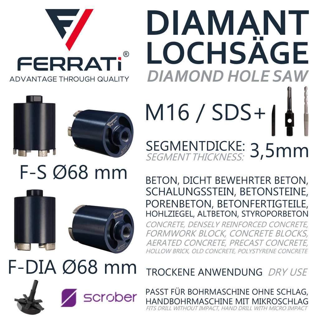 FERRATI Diamantbohrer ∅ 68 mm M16/SDS+ mit SCROBER Universal Schneidbohrer für Unterputzdose ∅ 65 mm SET | Diamant Bohrer Lochsäge | trockene andwendung