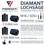 FERRATI Diamantbohrer ∅ 68 mm M16/SDS+ mit SCROBER Universal Schneidbohrer für Unterputzdose ∅ 65 mm SET | Diamant Bohrer Lochsäge | trockene andwendung