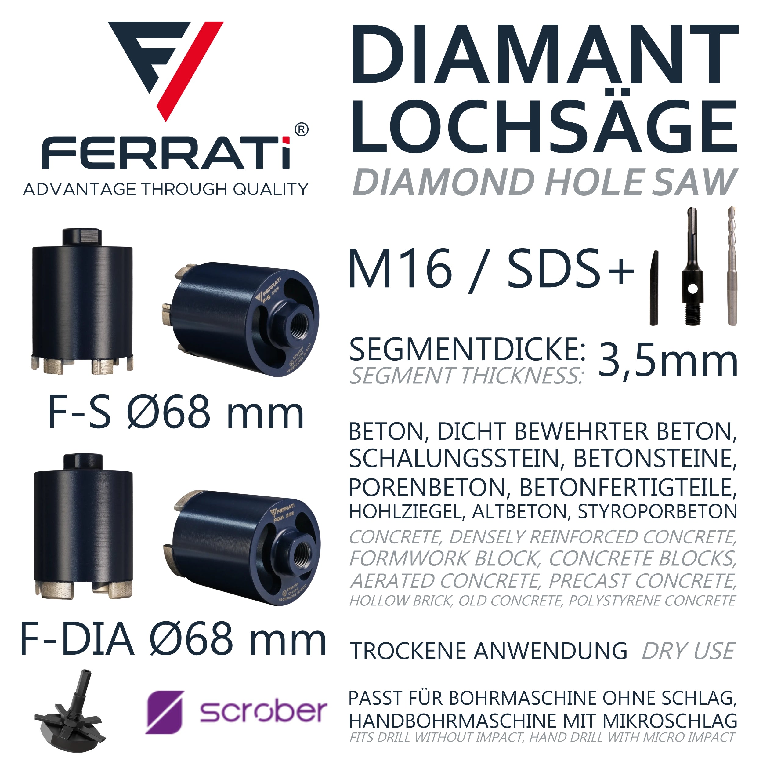 FERRATI Diamantbohrer ∅ 68 mm M16/SDS+ mit SCROBER Universal Schneidbohrer für Unterputzdose ∅ 65 mm SET | Diamant Bohrer Lochsäge | trockene andwendung