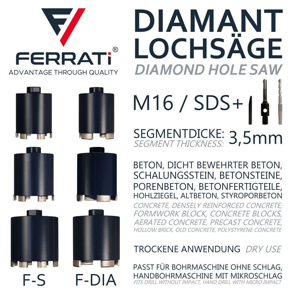 FERRATI Diamantbohrer für Beton M16/SDS+ Segmentdicke 3.5mm | Diamant Bohrer Lochsäge für Schalungsstein Betonfertigteile Hohlziegel Altbeton Betonsteine Porenbeton | trockene andwendung