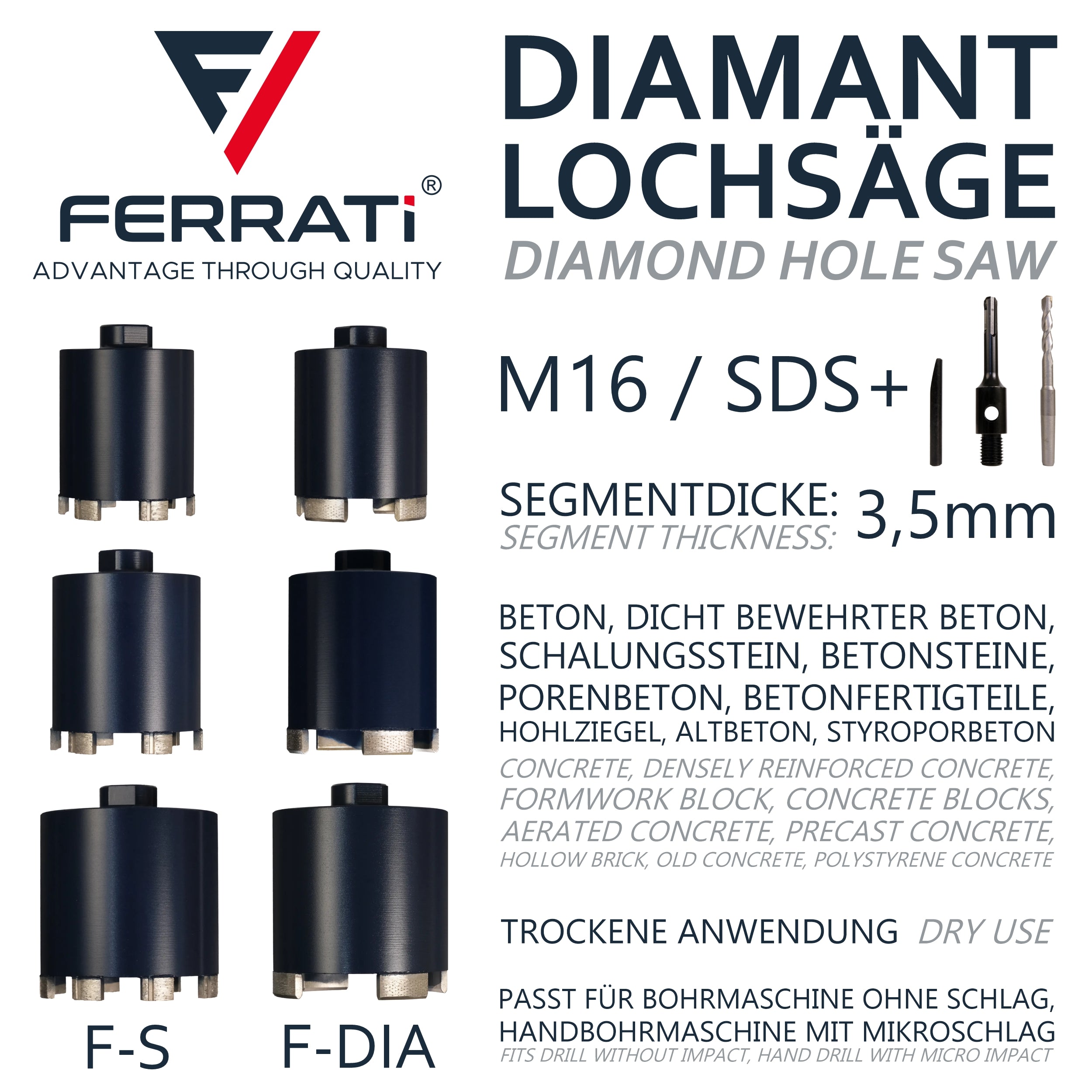 FERRATI Diamantbohrer für Beton M16/SDS+ Segmentdicke 3.5mm | Diamant Bohrer Lochsäge für Schalungsstein Betonfertigteile Hohlziegel Altbeton Betonsteine Porenbeton | trockene andwendung