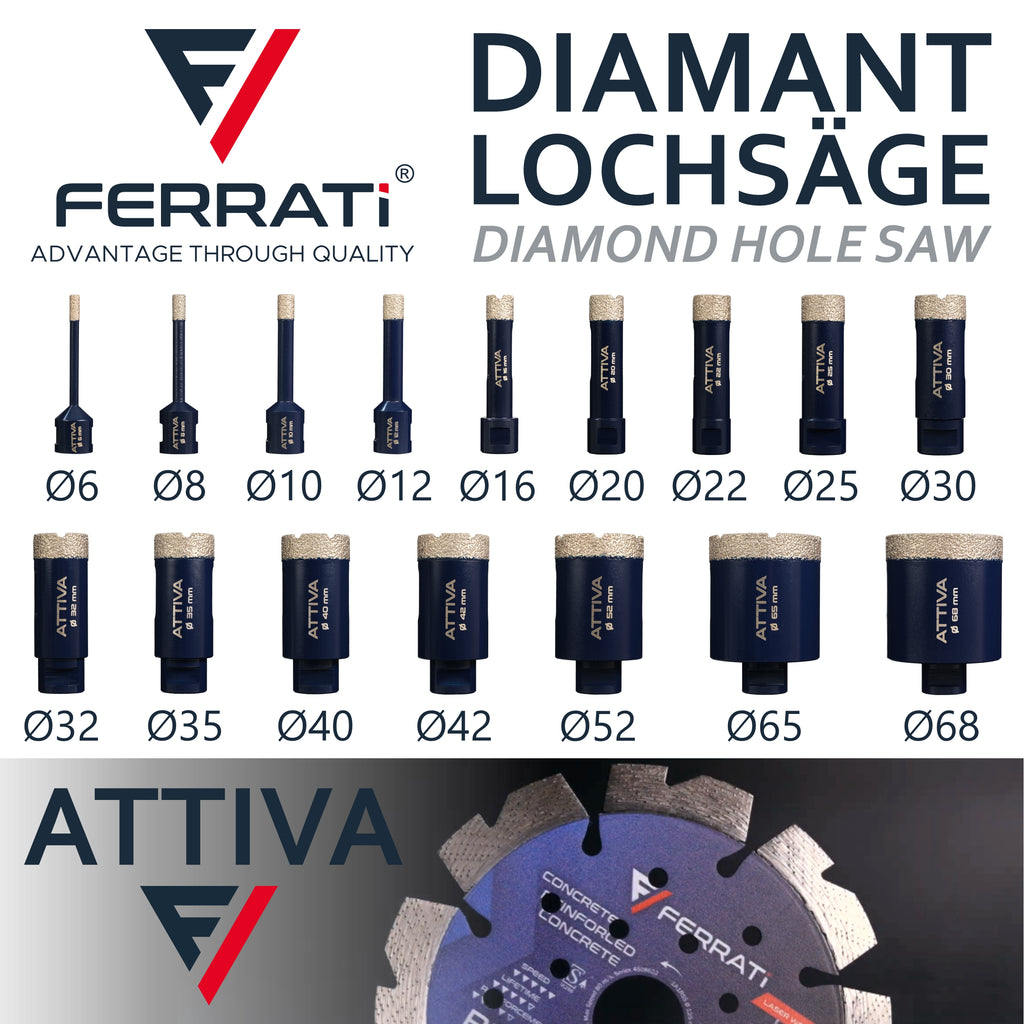 FERRATI Attiva Diamant Fliesenbohrer M14 Segmenthöhe 15mm | Pro Diamantbohrer Lochsäge für Fliesen Keramik Marmor Travertin Naturstein | nasse & trockene andwendung