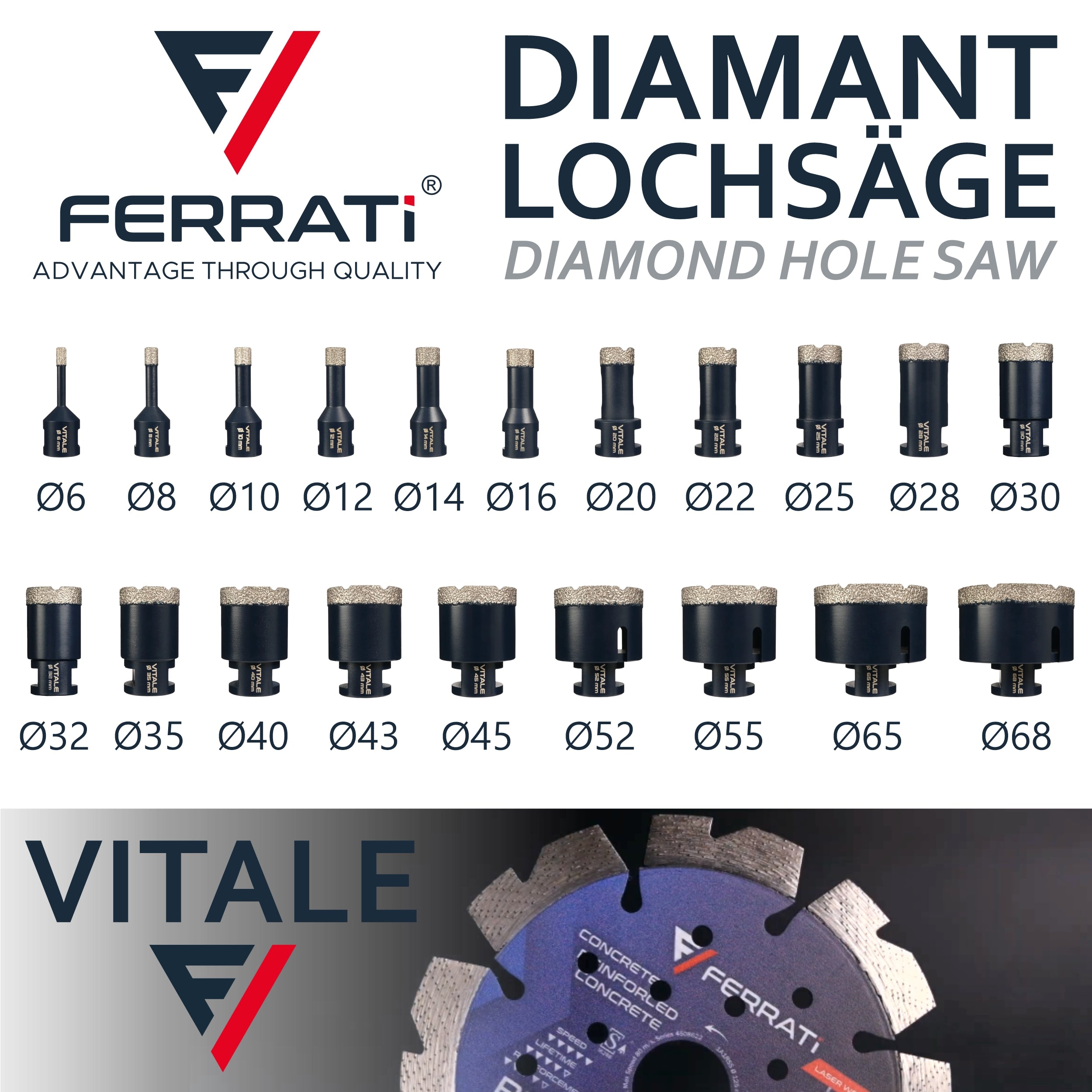 FERRATI Vitale Diamant Fliesenbohrer M14 Segmenthöhe 11mm | Pro Diamantbohrer Lochsäge für Fliesen Keramik Marmor Travertin Naturstein | nasse & trockene andwendung