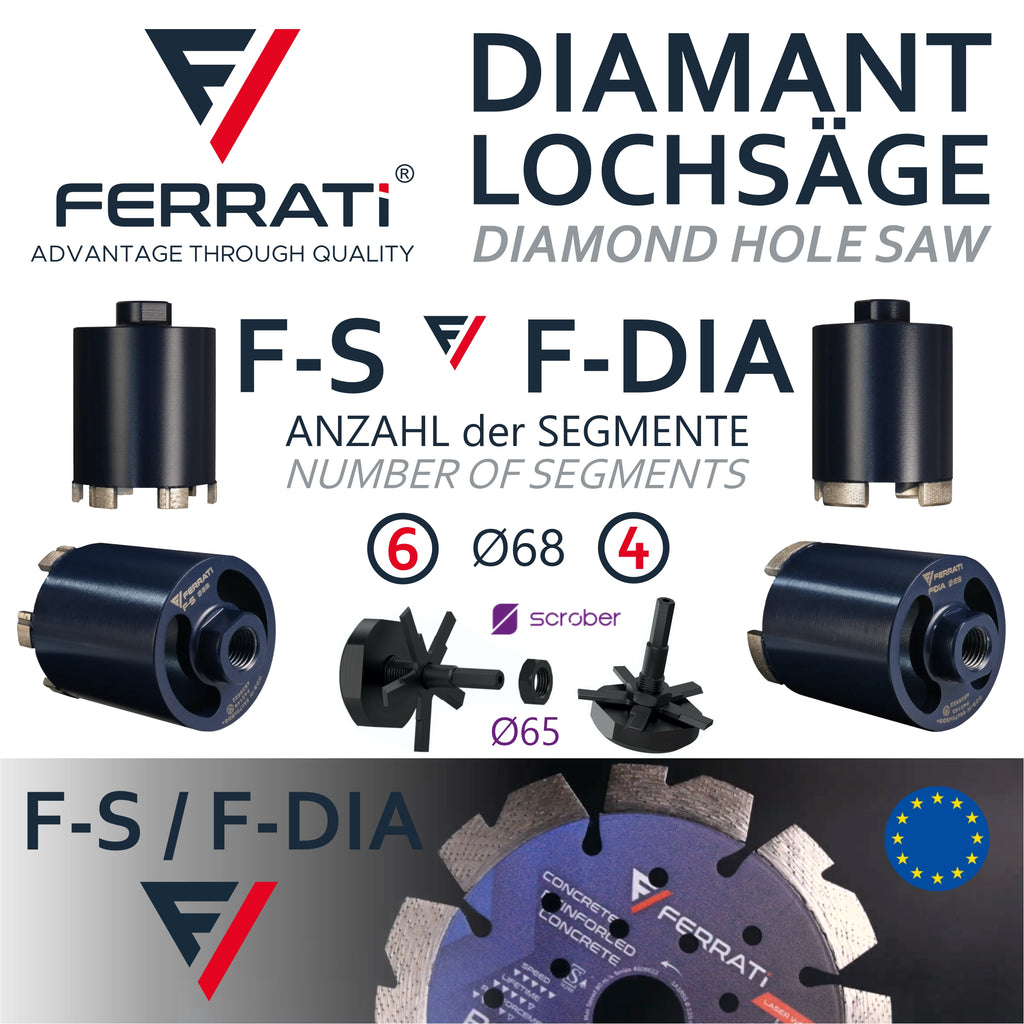 FERRATI Diamantbohrer ∅ 68 mm M16/SDS+ mit SCROBER Universal Schneidbohrer für Unterputzdose ∅ 65 mm SET | Diamant Bohrer Lochsäge | trockene andwendung