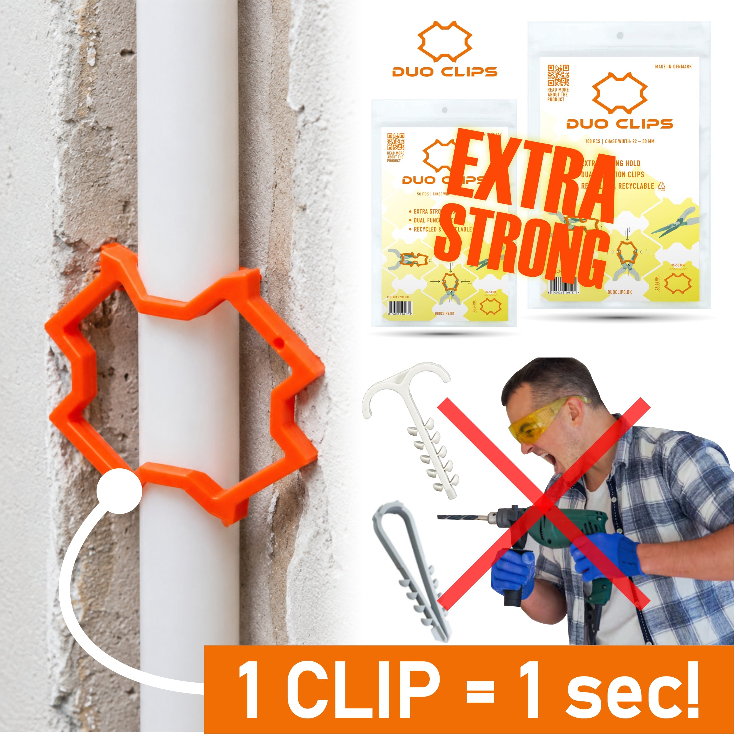 DUO CLIPS Extra Strong 22–50 mm Kabelhalter Universal Schlaufendübel | Kabelclip, Dübelklemmschelle, für Leitungen und Rohre