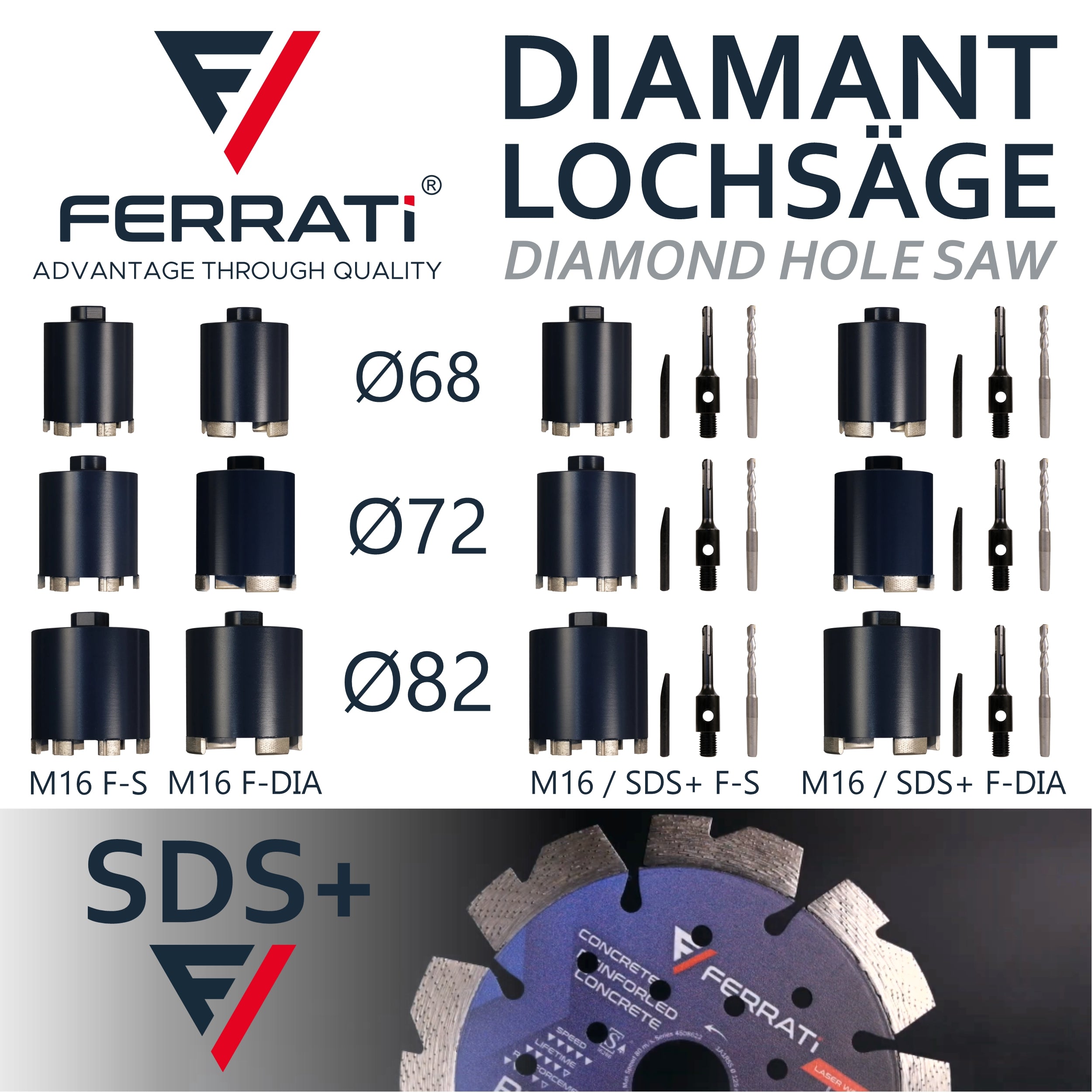 FERRATI Diamantbohrer für Beton M16/SDS+ Segmentdicke 3.5mm | Diamant Bohrer Lochsäge für Schalungsstein Betonfertigteile Hohlziegel Altbeton Betonsteine Porenbeton | trockene andwendung