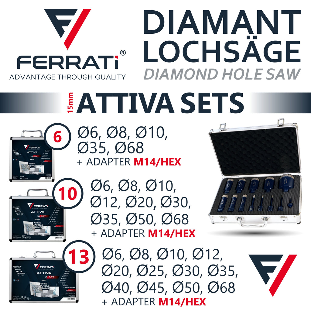 FERRATI Vitale Diamant Fliesenbohrer M14 Segmenthöhe 11mm | Pro Diamantbohrer Lochsäge für Fliesen Keramik Marmor Travertin Naturstein | nasse & trockene andwendung