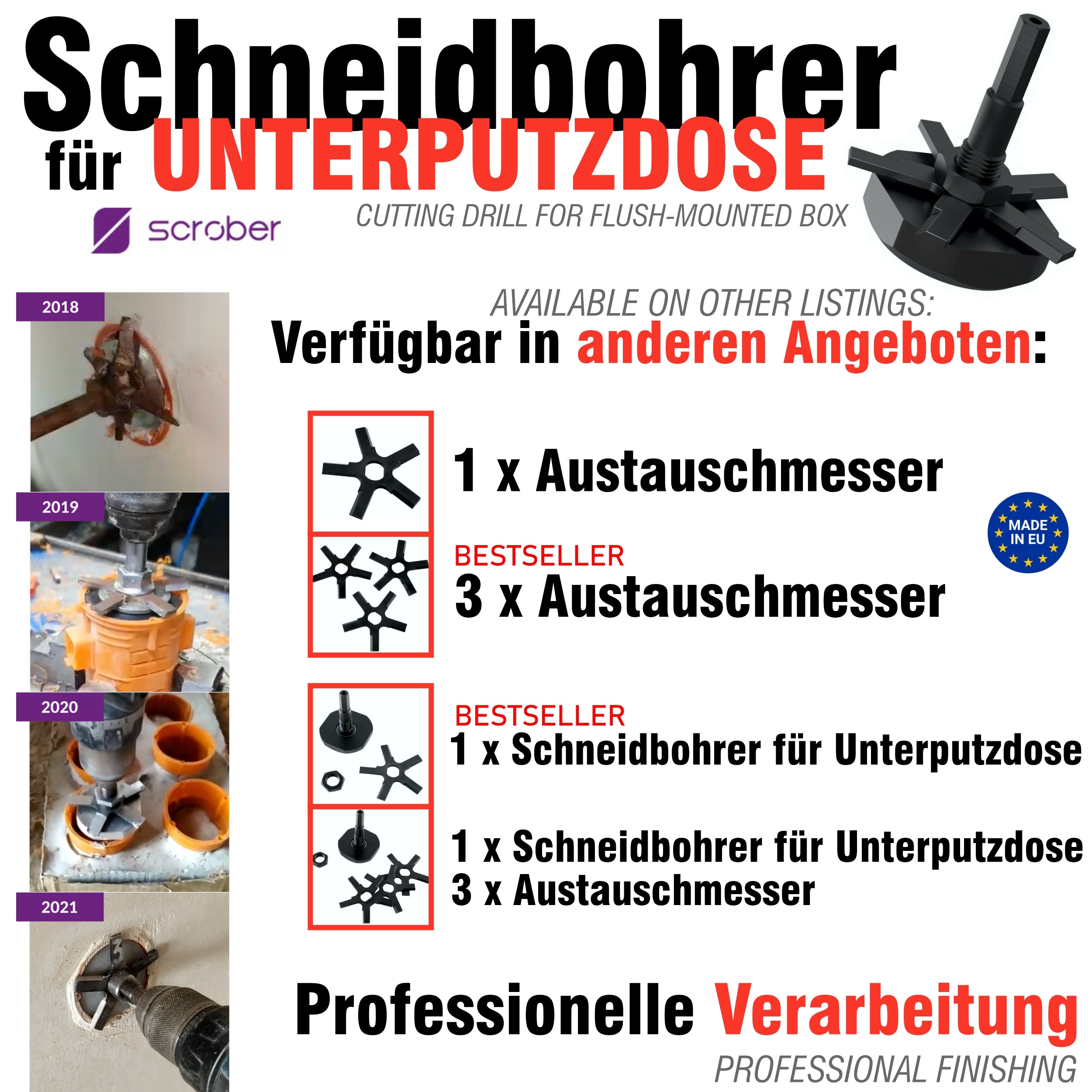 SCROBER 3 x Messern für Universal Schneidbohrer für Unterputzdose ∅ 65 mm