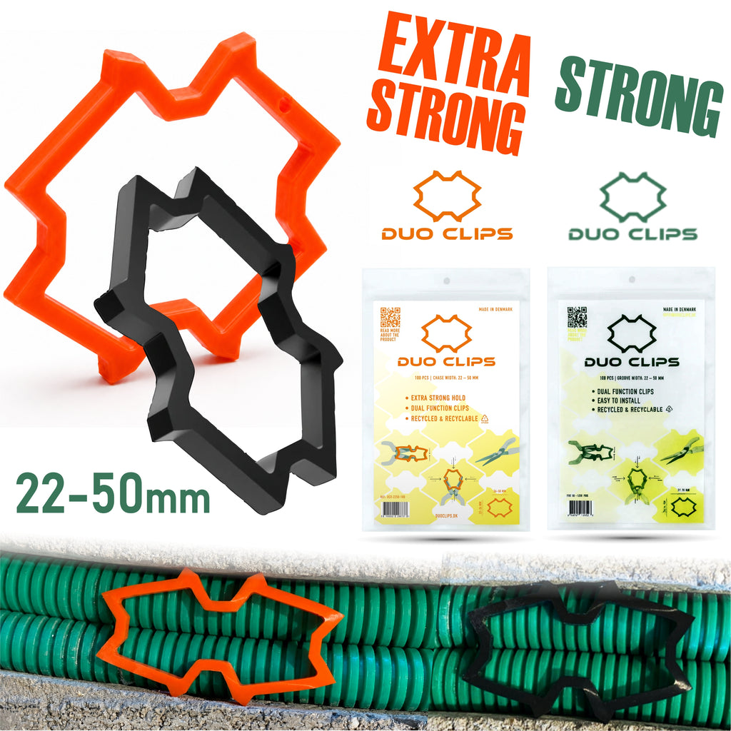 DUO CLIPS Extra Strong 22–50 mm Kabelhalter Universal Schlaufendübel | Kabelclip, Dübelklemmschelle, für Leitungen und Rohre