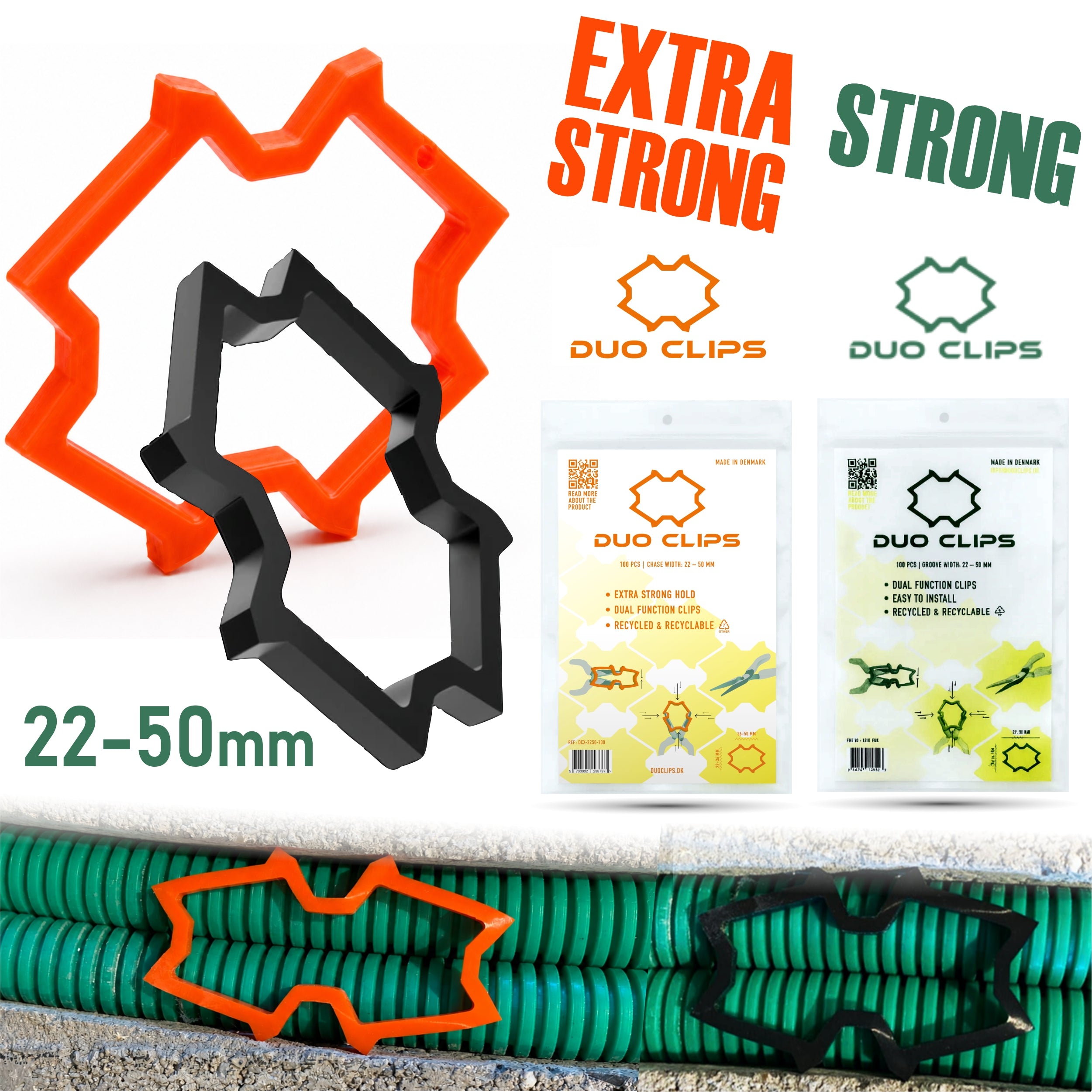 DUO CLIPS Extra Strong 22–50 mm Kabelhalter Universal Schlaufendübel | Kabelclip, Dübelklemmschelle, für Leitungen und Rohre