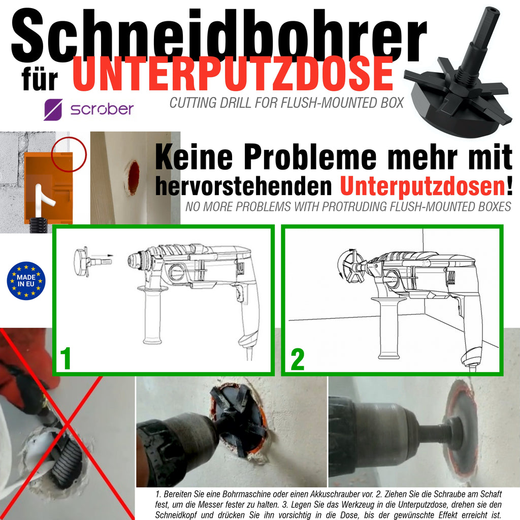 FERRATI Diamantbohrer ∅ 68 mm M16/SDS+ mit SCROBER Universal Schneidbohrer für Unterputzdose ∅ 65 mm SET | Diamant Bohrer Lochsäge | trockene andwendung