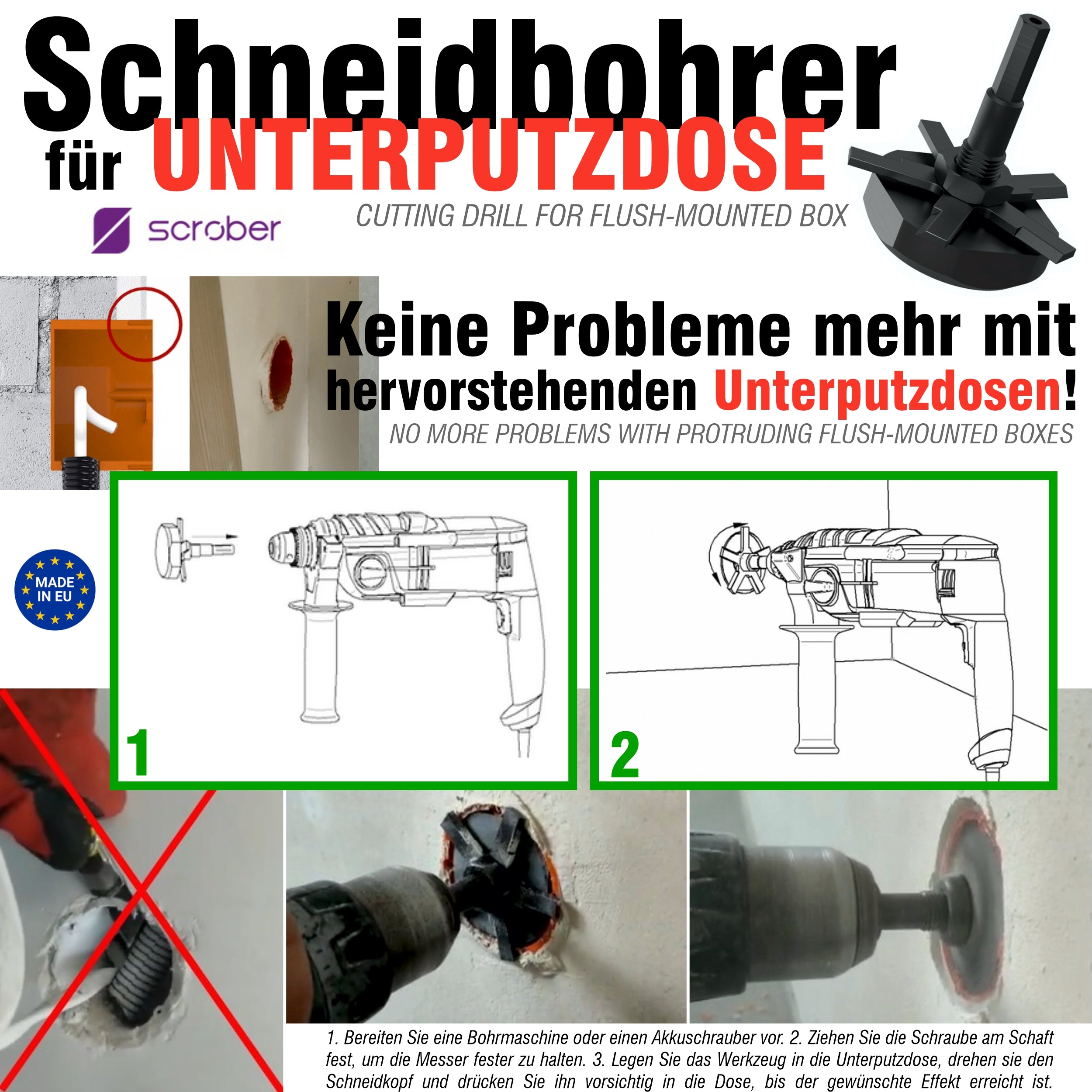 FERRATI Diamantbohrer ∅ 68 mm M16/SDS+ mit SCROBER Universal Schneidbohrer für Unterputzdose ∅ 65 mm SET | Diamant Bohrer Lochsäge | trockene andwendung