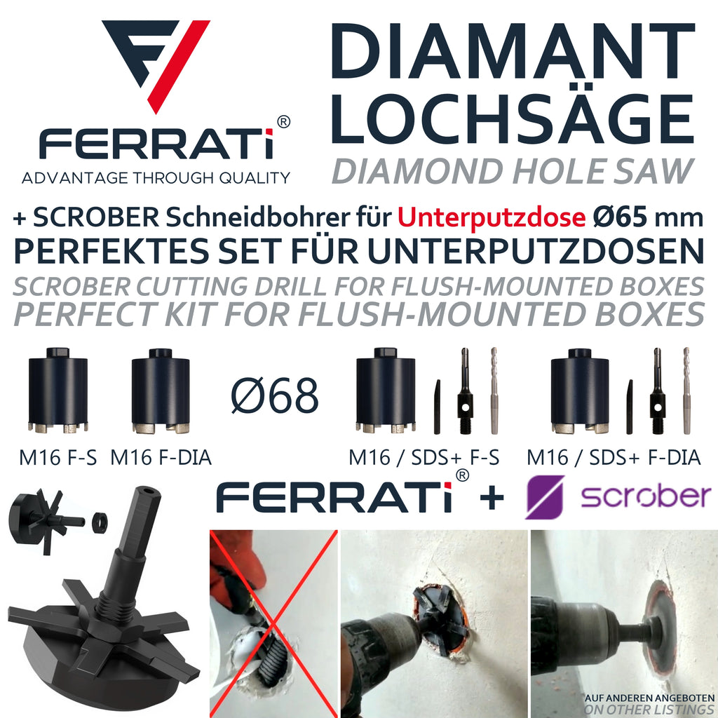 FERRATI Diamantbohrer für Beton M16/SDS+ Segmentdicke 3.5mm | Diamant Bohrer Lochsäge für Schalungsstein Betonfertigteile Hohlziegel Altbeton Betonsteine Porenbeton | trockene andwendung