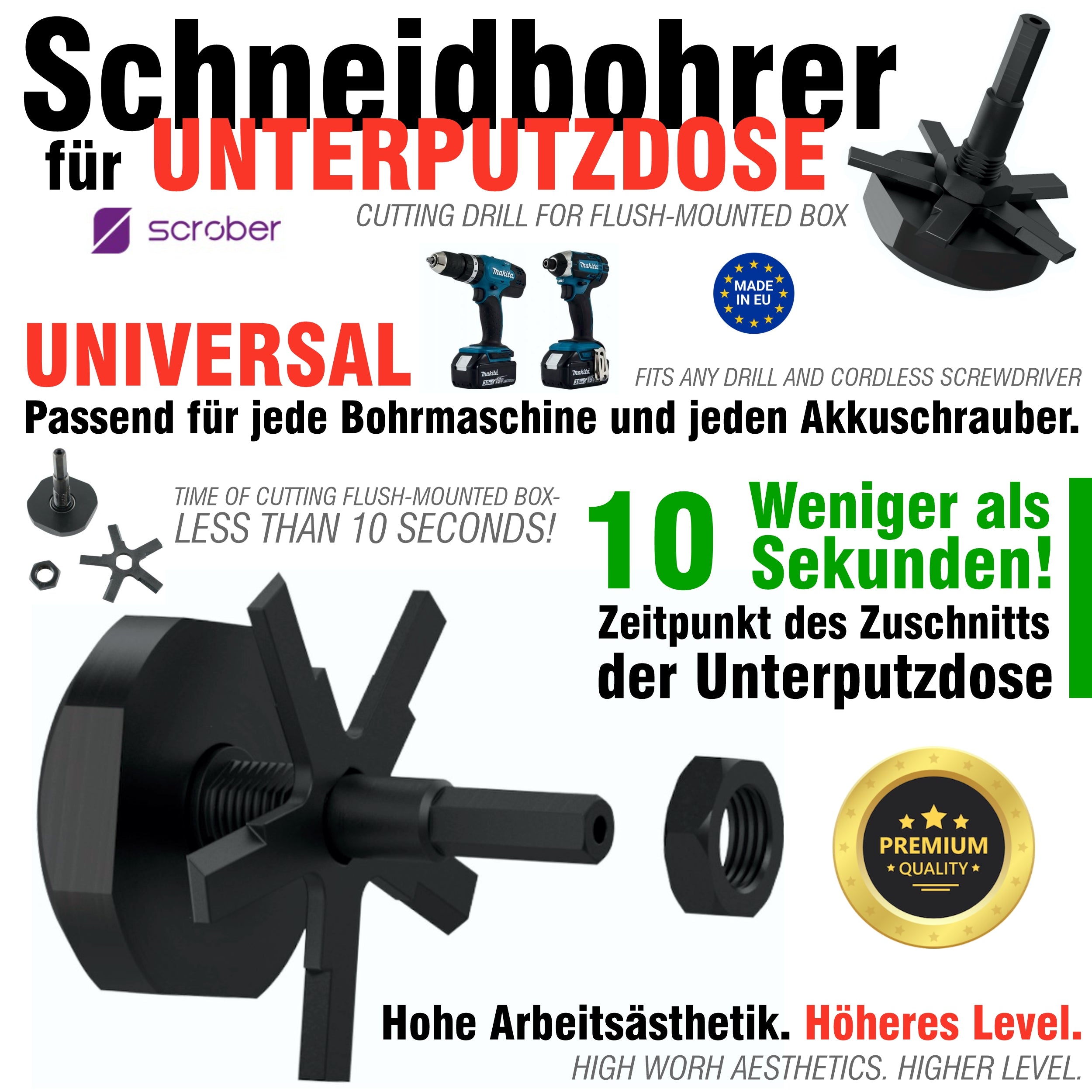 FERRATI Diamantbohrer ∅ 68 mm M16/SDS+ mit SCROBER Universal Schneidbohrer für Unterputzdose ∅ 65 mm SET | Diamant Bohrer Lochsäge | trockene andwendung